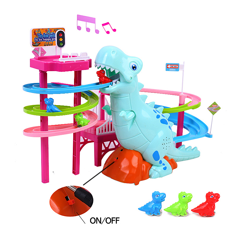 Brand New Electric Slide Railcar Track toy 3-6 years old Dinosaur climb stairs music light play interactive educational toys