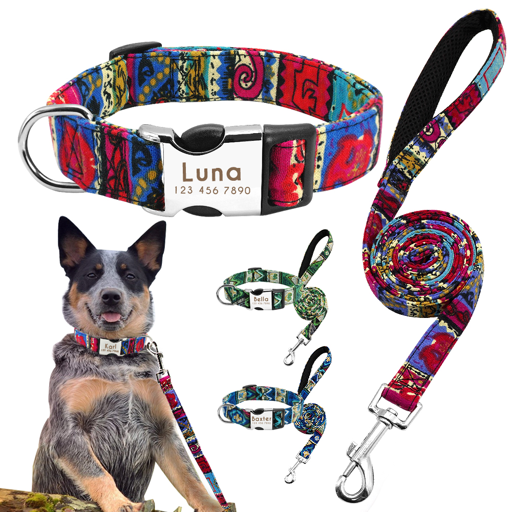 Personalized Pet Dog Collar Leash Set Custom Nylon Dog Collars and Leash Engrave Name Lead for Small Medium Large Dogs