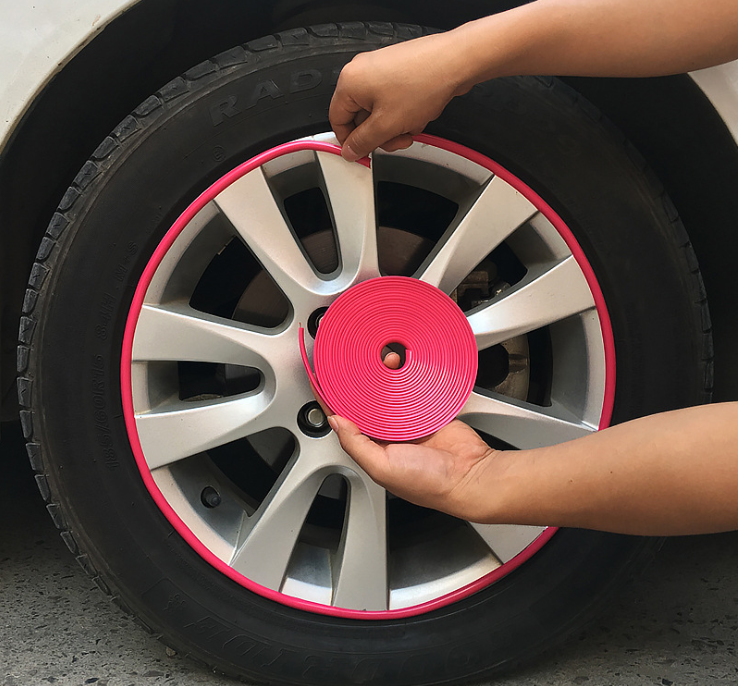 1x Car Wheel Rims Rubber Protector Tyre Stying Moulding Sticker Pink 8M Waterproof Decoration Strip For SUV Bus Van Truck