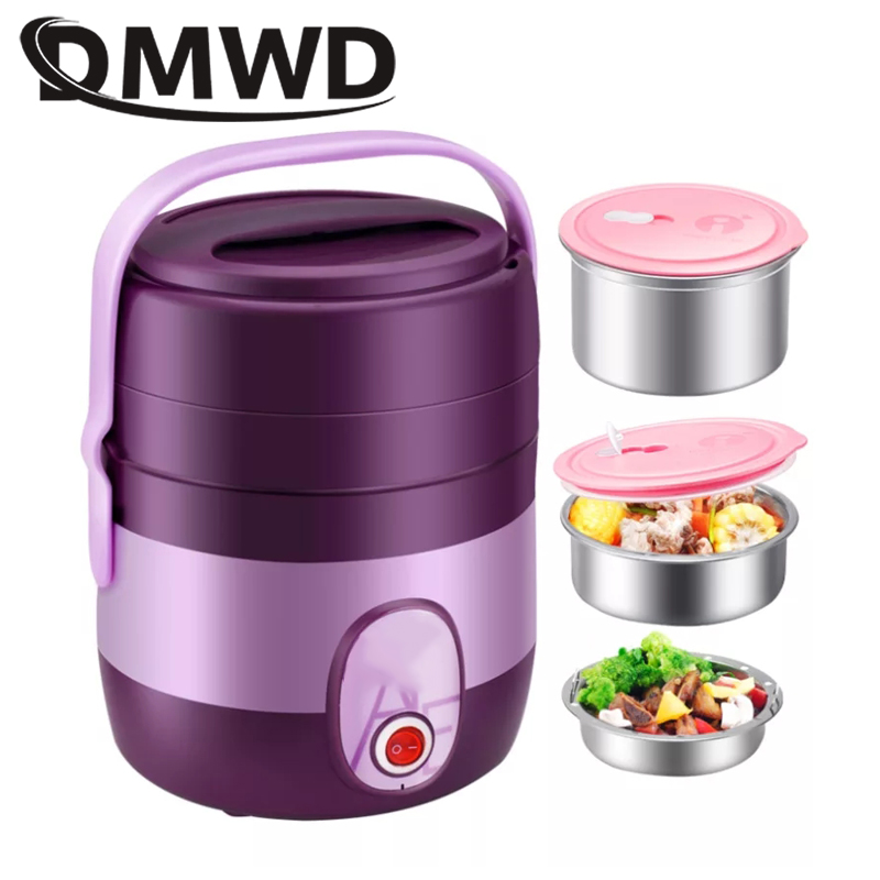 DMWD 3 Layers Portable Electric Heating Lunch Box Mini Rice Cooker Pot Warmer Food Steamer Bento Lunchbox Meal Container Heater