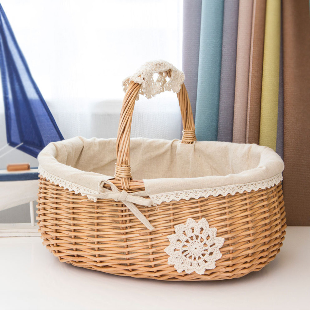 Wicker Basket Rattan Storage Basket Box Picnic Basket Fruit Flower Baskets with Lid and Handle and White Liner for Camping #W0