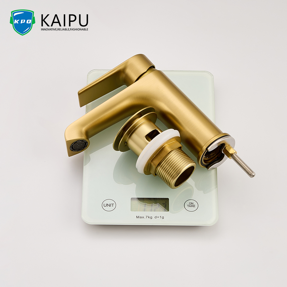 Brushed gold basin mixer with drainer (2)