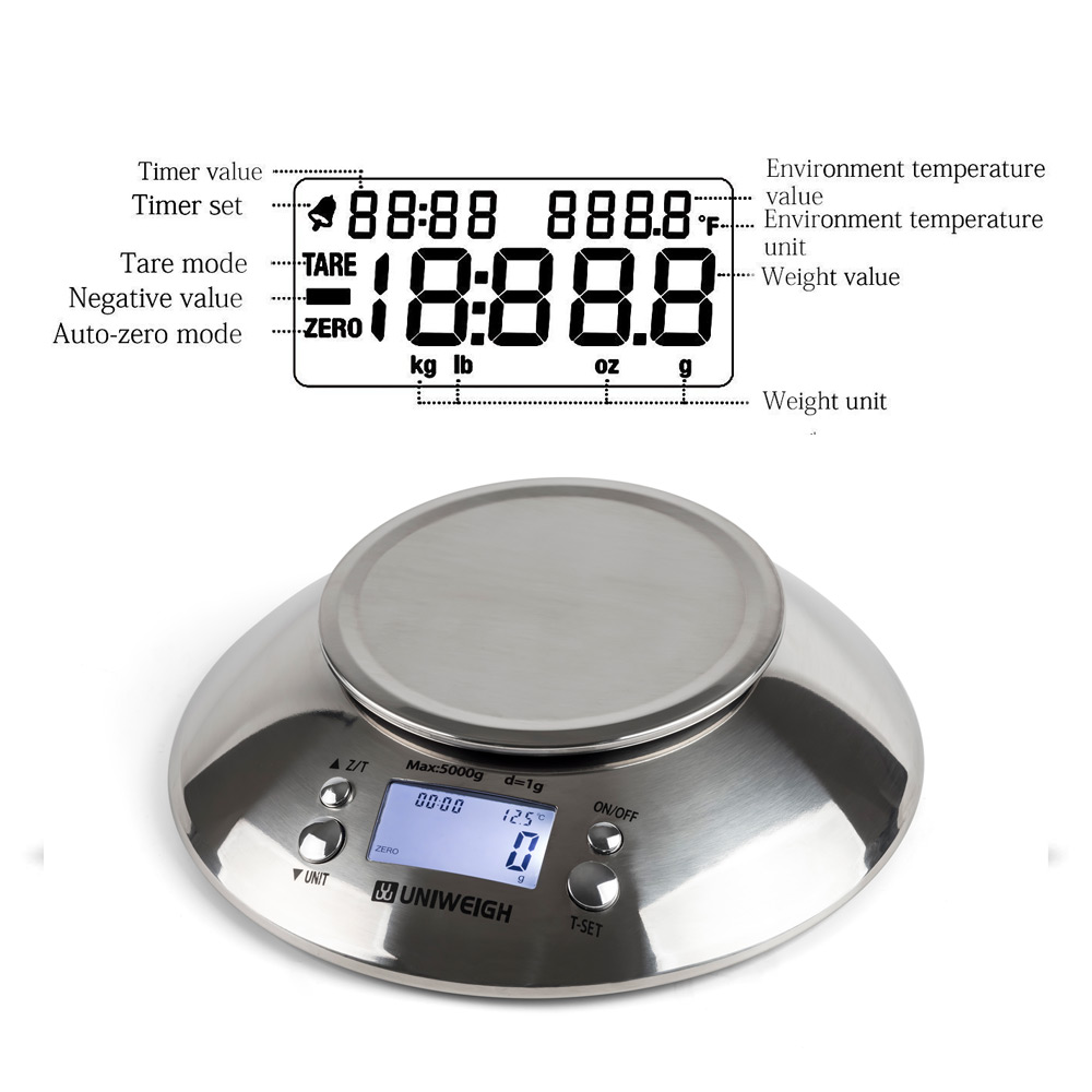 Digital Kitchen Scale High Accuracy 11lb/5kg Food Scale with Removable Bowl Room Temperature, Alarm Timer Stainless Steel Libra