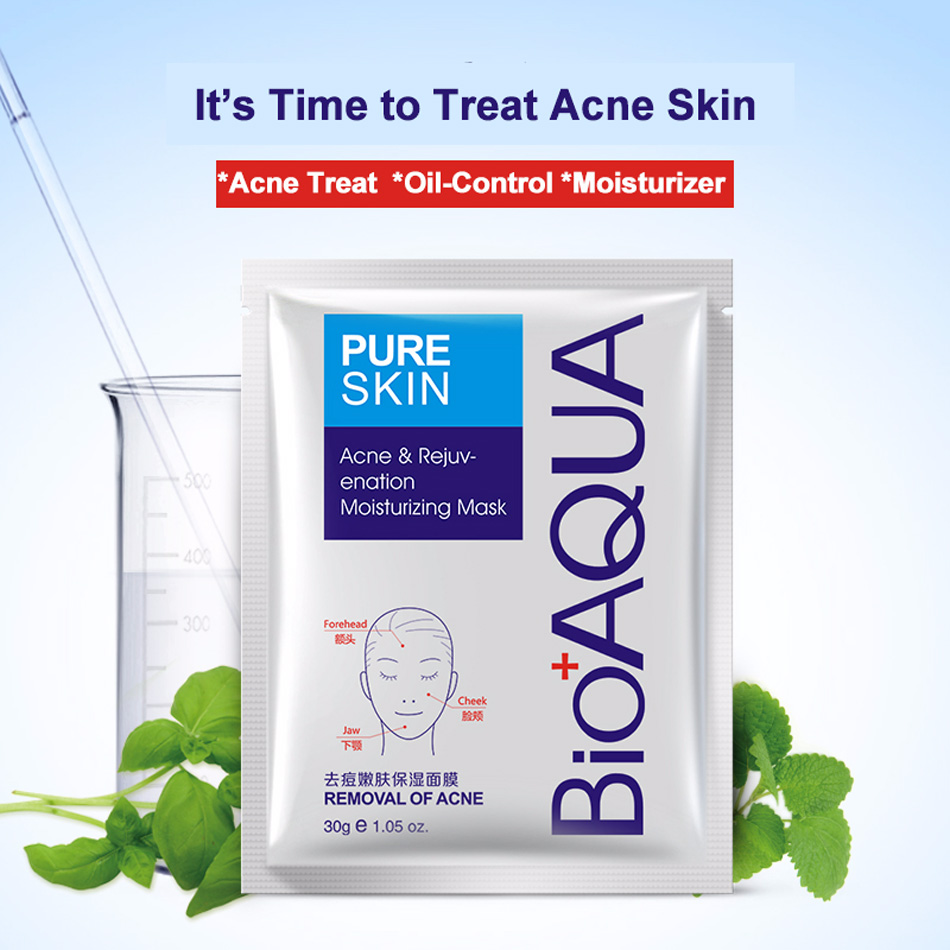 5pc BIOAQUA Acne Treatment Facial Mask Effective Removal Acne Face Mask Moisture Nourishing Oil Control Mask Sheet For Man/Woman