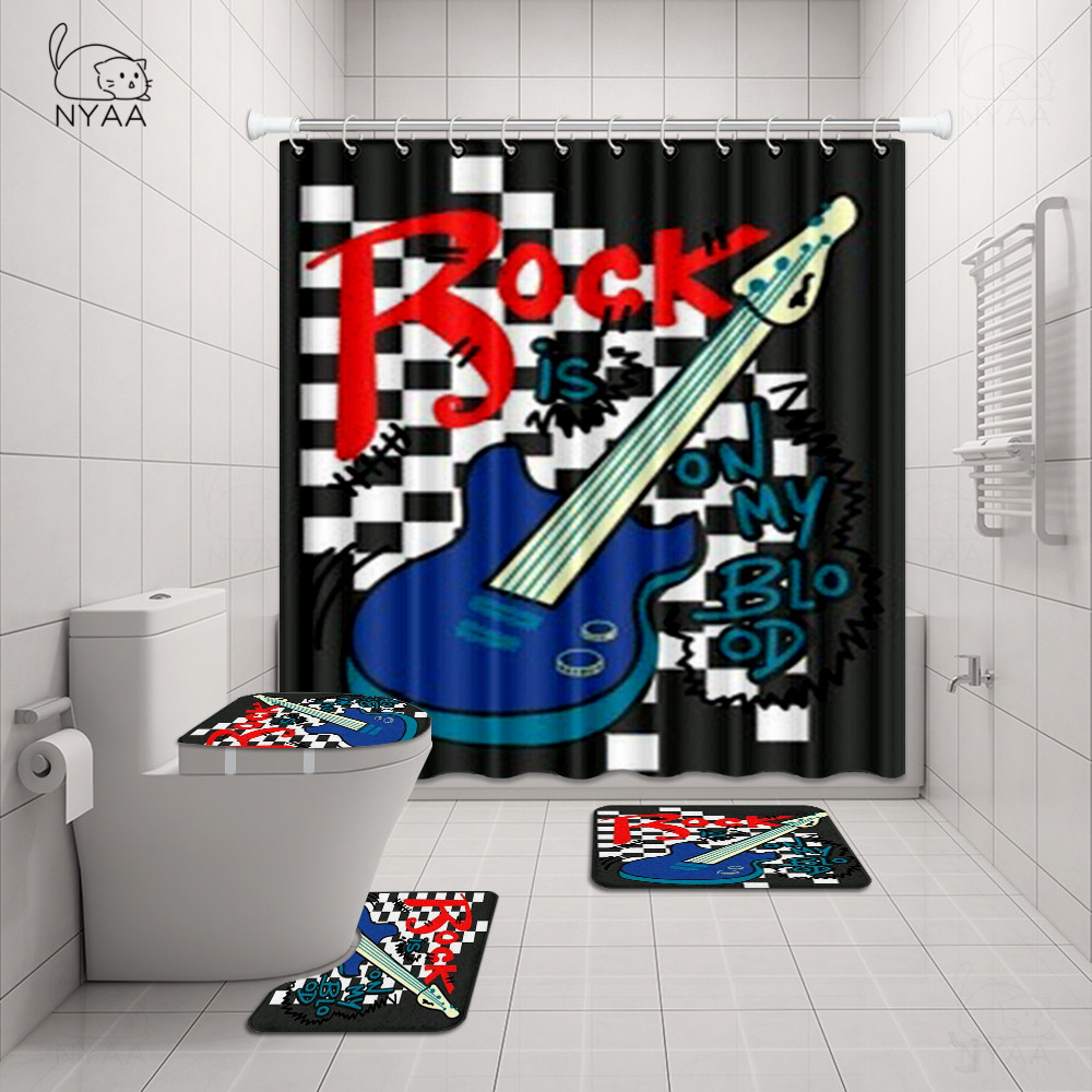 4PCS Bathroom Shower Curtain Mats Set Non Slip Music Note Toilet Cover Rugs Absorbent Bath Mat Carpet Bathroom Supplies 6 Styles