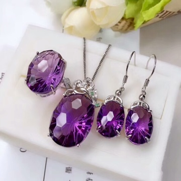 MeiBaPJ Natural High Quality Amethyst Gemstone Fine Wedding Jewelry Set 925 Pure Silver Necklace Ring Earrings Suit for Women