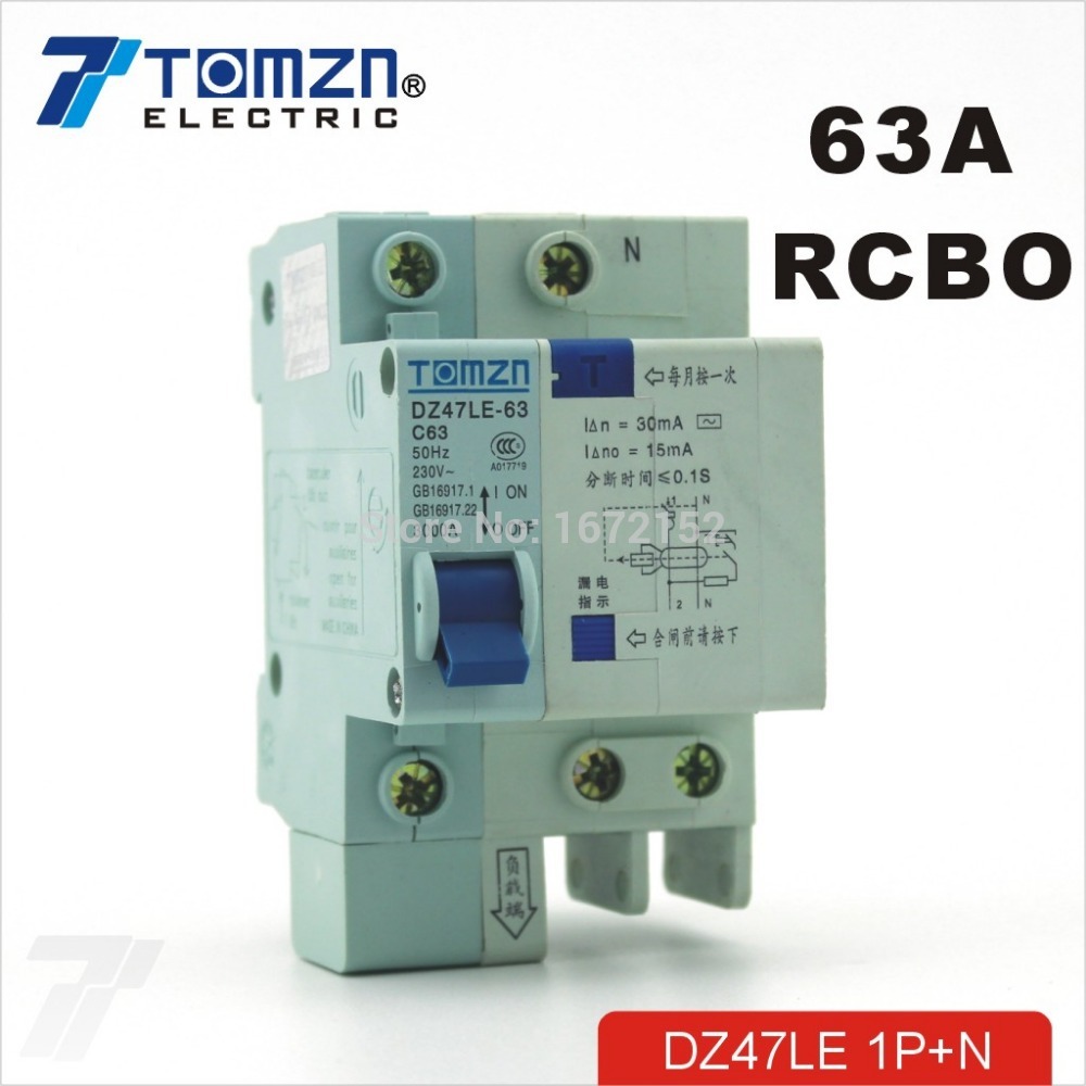 DZ47LE 1P+N 63A C type 230V~ 50HZ/60HZ Residual current Circuit breaker with over current and Leakage protection RCBO