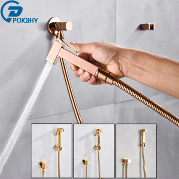 POIQIHY Hand Held Bidet Sprayer Douche Toilet Kit Shiny Gold Brass Square Shattaf Shower Head Copper Valve Set Jet Bidet Faucet