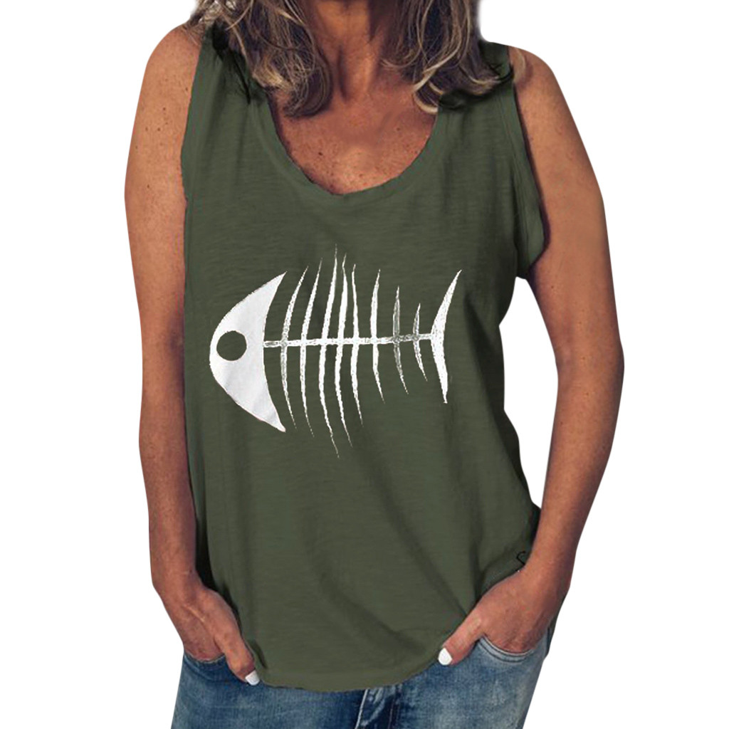 Womens Casual Funny Fish Bone Print Vest Sleeveless Tank Tops Green lady summer fish bone print vest T Shirt camiseta lencera