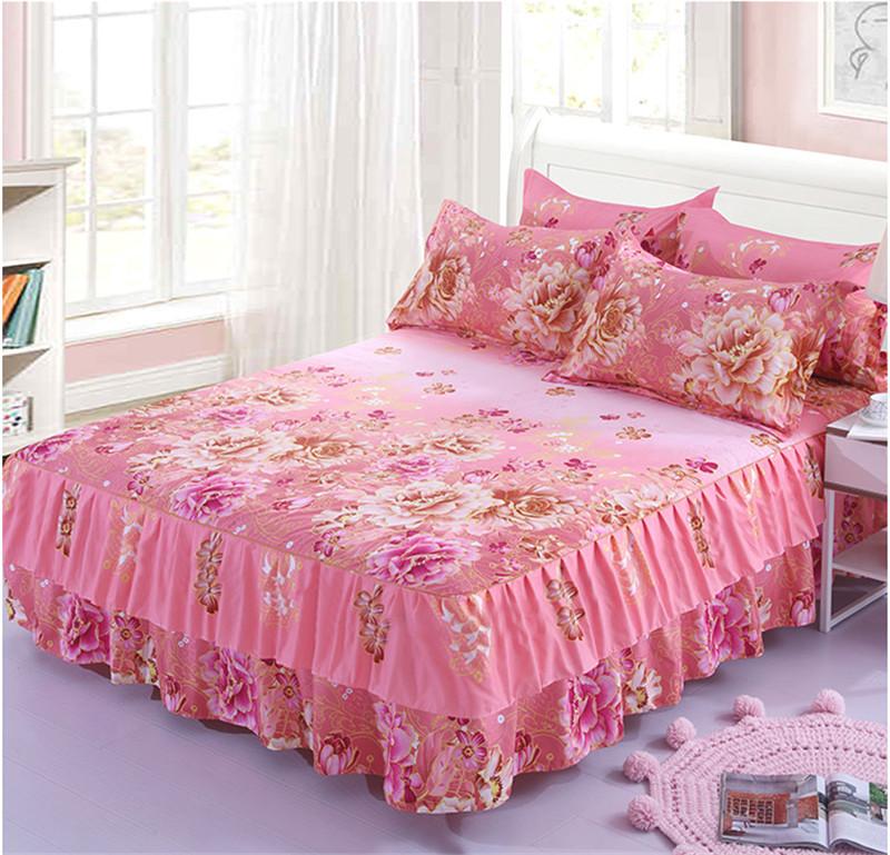30 3PCS Bed Skirt Flower Printed Fitted Sheet Cover Home Graceful Bedspread Bed Linens Bedroom Decor Mattress Cover Pillowcase