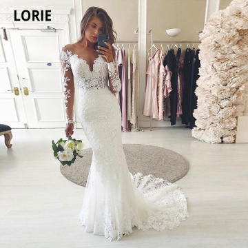 LORIE Long Sleeve Lace Ivory Wedding Dresses Mermaid Bridal Gowns Romantic Robe De Mariee Plus Size Sweep Train 2020 Spring New