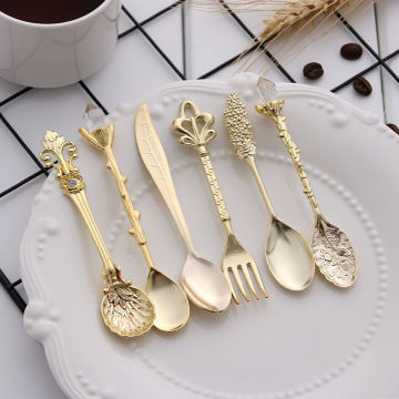 Hot 6PCS/Set Vintage Royal Style Metal Mini Spoons Forks DIY Carved Fork Table Spoon Antique Tea Coffee Spoon Dessert Fruit Fork