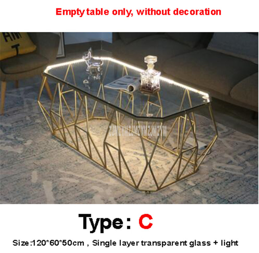 Nordic Rectangular Tea Table With LED Light Creative Single Layer Toughened Glass Desktop Iron Art Leg Modern Living Room Table