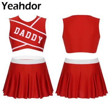 2Pcs Women Adult Charming Cheerleader Uniform Set Stage Cosplay Costume Round Neck Sleeveless Crop Top with Mini Pleated Skirt