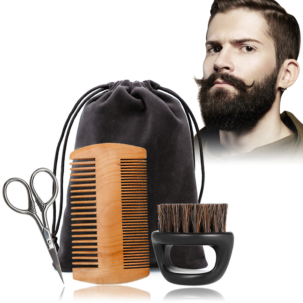 Men Beard 3Pcs/Set Grooming Kit Mustache & Beard Styling Tools Beard Brush Bead Comb Beard Scissors Beard Care Set Men Gift