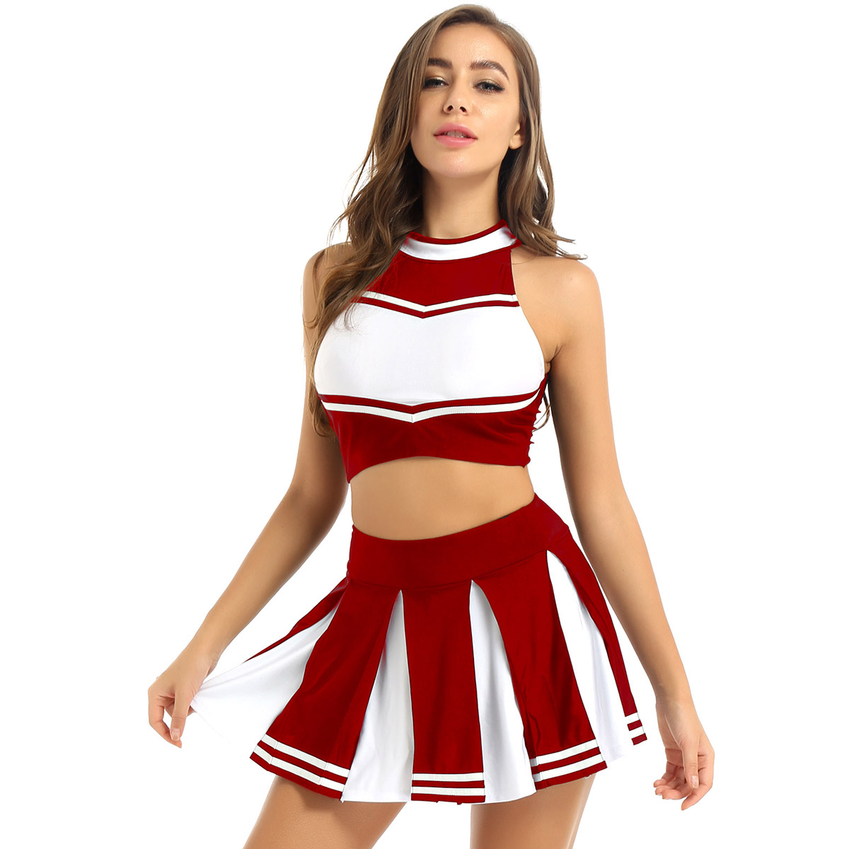Women Adults Cheerleader Uniform Performance Outfit Japanese Schoolgirl Cosplay Costume Sleeveless Crop Top Mini Pleated Skirt