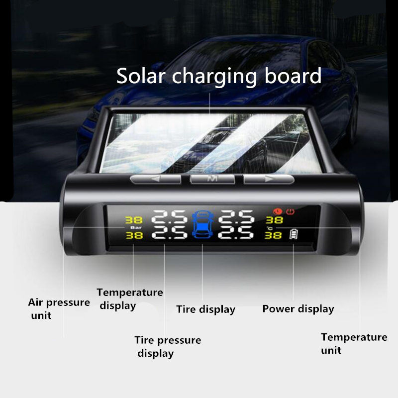Solar Power TPMS Car Security Alarm Systems Car Tire Pressure Monitoring Systems Built-In External Sensors Auto Security Warning