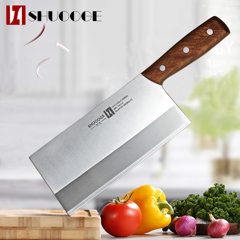 SHUOOGE 8 inch Stainless Steel Cleaver Butcher Knife Pro Kitchen Knife Wood Handle Chopping Knife Kitchen Cooking Chef Knife
