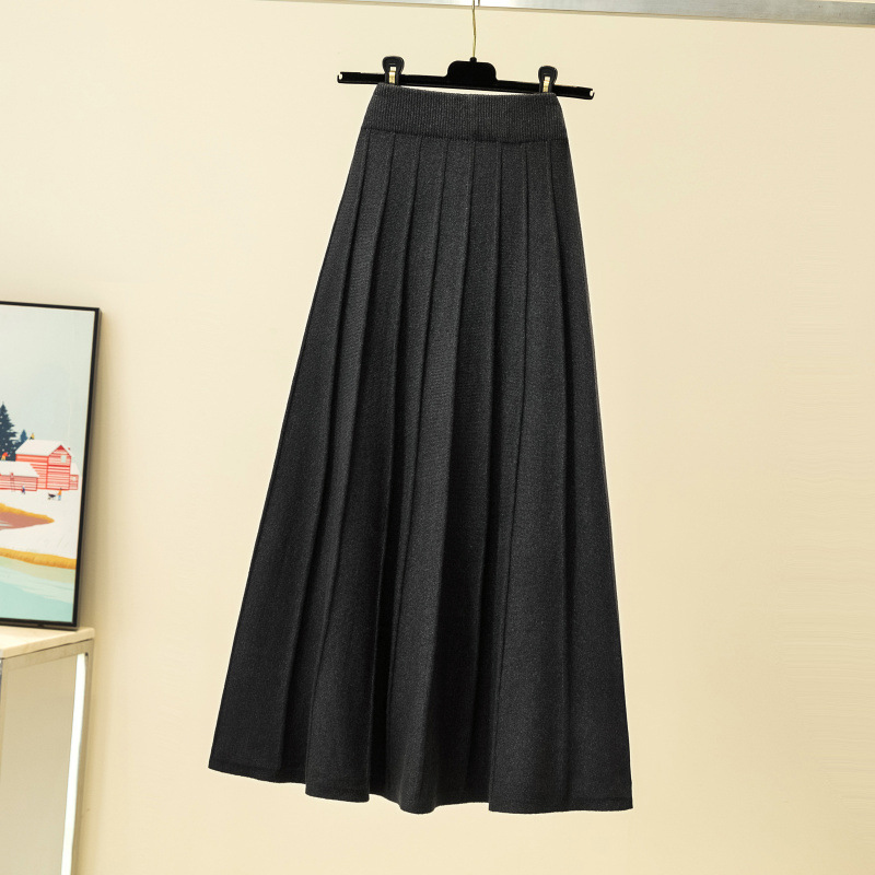 Women Knitted Ribbed Pleated Midi Skirts Solid Warm A-Line Skirt Female 2021 Winter Autumn Trendy Elegant Ladies Bottoms Girls
