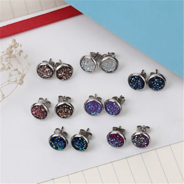2 Pairs Fashion Stainless Steel Drusy Ear Post Stud Earrings Round AB Color Jewelry 10mm Dia., Post/ Wire Size: 19 gauge