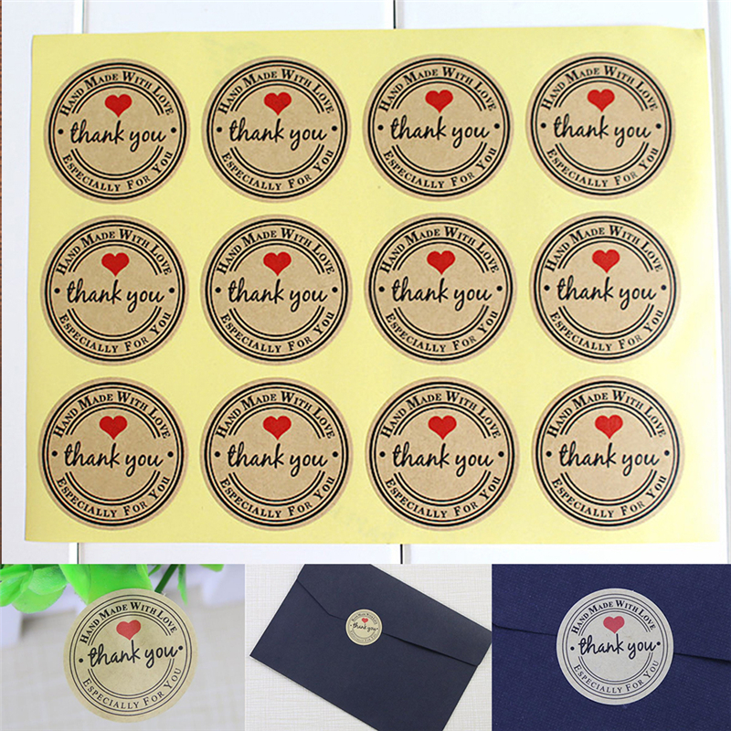 12/60/120PCS Round Labels Paper Bag Kraft Thank You Stickers Thank You Red Love Self-adhesive Stickers Garment Labels