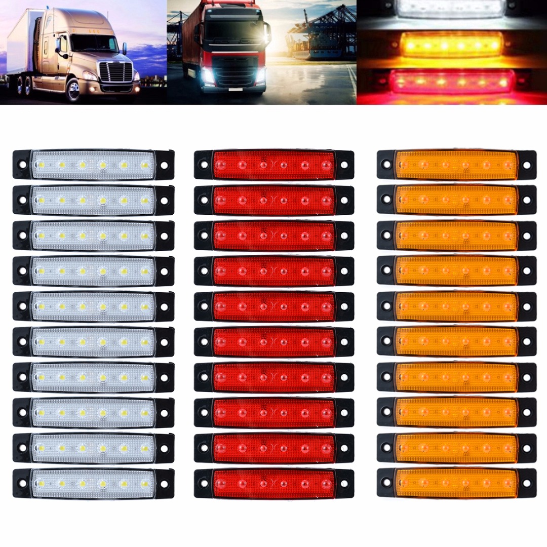 30pcs/set 24V 6LED Truck Trailer Bus Side Marker Indicators Light Red+White+Yellow External Lights for Auto Car
