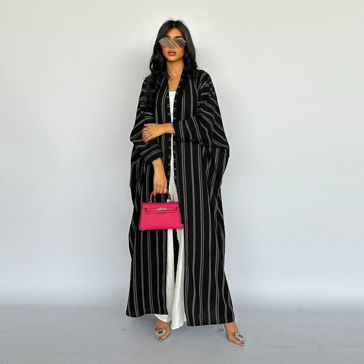 Arab Casual Loose Set Stripe Printing Batwing Sleeve Open Kimono Abaya and Dress Bangladesh Moroccan Dubai Women Kaftan4