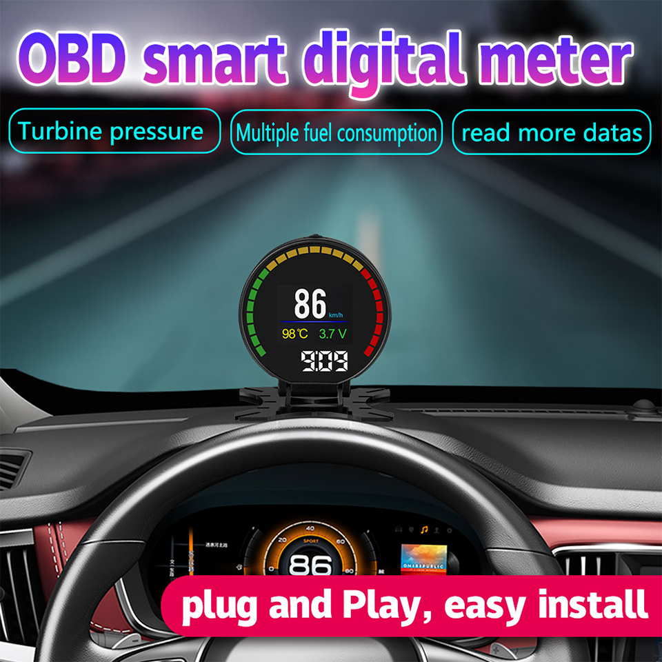 Universal Racing OBDII OBD2 Gauge Turbo Boost Water Temp Oil Temp Press Air Fuel Ratio Tachometer RPM Speedometer GREDDI 8 Color