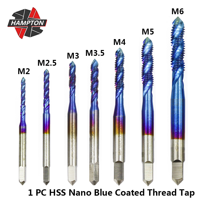 Hampton 1pc M2 M2.5 M3 M3.5 M4 M5 M6 Spiral Screw Tap Drill Bit HSS 6542 Metric Plug Tap Nano Blue Coated Machine Thread Tap
