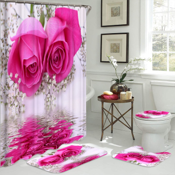 Fuchsia Flowers Bath Screen Curtains with Hooks High Quality Bathroom Shower Curtain Toilet Cover Mat Non-Slip Bath Rug Set