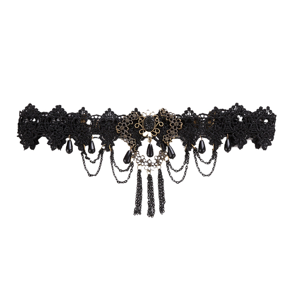 Romantic Gothic Black Lace Head Chain Punk Tassel Forehead Jewelry Accessory