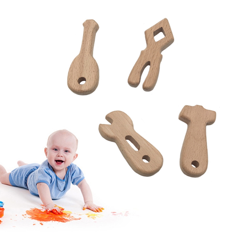 OOTDTY 4PCS/SET Baby Wood Teether Tools Shape Safe Teething Nursing Natural Wooden Toy Organic DIY Pendant Gift Infant Oral Care