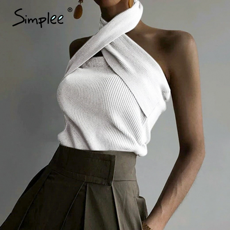 Simplee Elegant halter neck women tank tops Casual streetwear summer solid female tops Sexy sleeveless ladies cami tops 2020