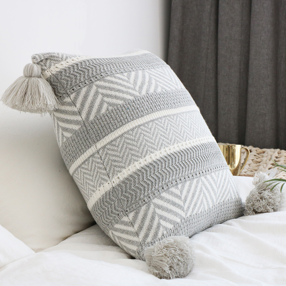 REGINA Boho Decor Knitted Cushion Cover Gray Stripe Tassel Design 100% Cotton Super Soft Sofa Car Nordic Throw Pillow Cover Case