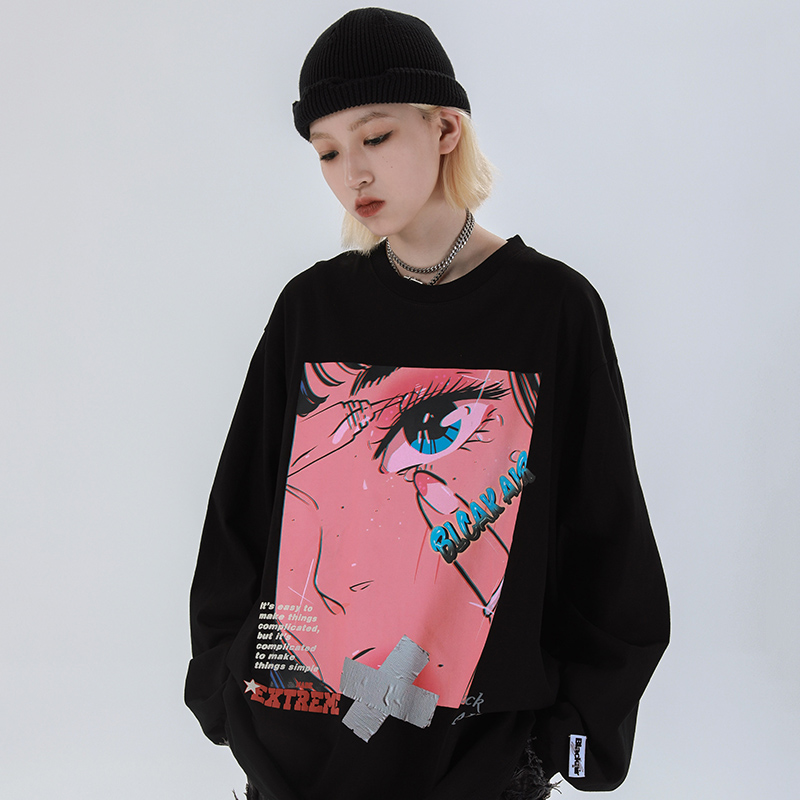 2020 Men Hip Hop Oversized T Shirt Long Sleeve Streetwear Japanese Anime Girl Tshirt Harajuku Cartoon Tops Tees Cotton Loose