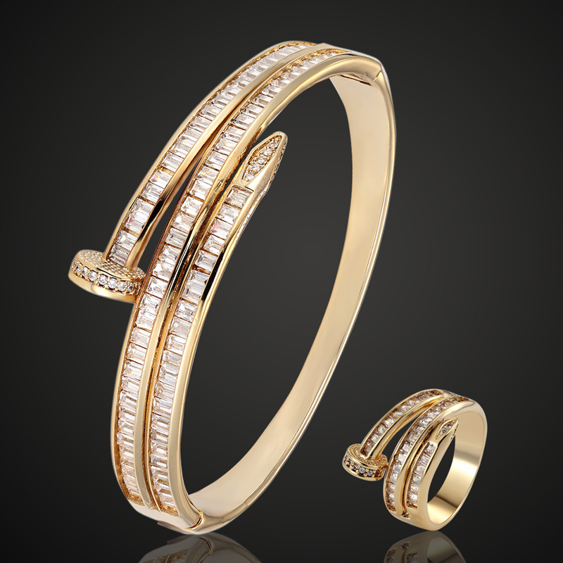 Zlxgirl women size T cubic Zircon nail bangle Ring Wedding jewelry sets metal copper micro pave setting bracelet free one mask