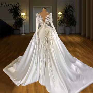 Two Designs White Wedding Dresses With Detachable Train Deep V-Neck Long Sleeves Wedding Gowns Vestido De Noiva 2020 Custom