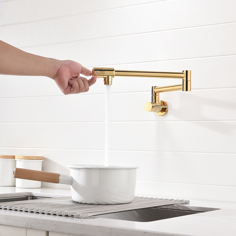Foldable Kitchen Faucet Single Cold Single Hole Pot Filler Tap Wall Mounted Sink Tap Rotate Folding Spout Chrome Gold Brass