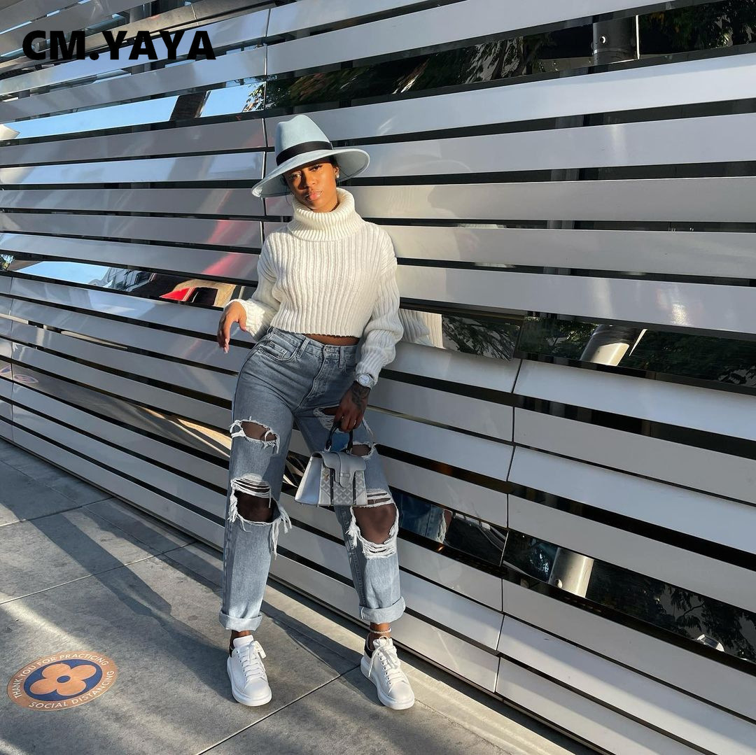 CM.YAYA Women Ribbed Hole Straight Jeans for Streetwear Elegant Denim Pants