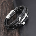 LAMEMDEE Punk Stainless Steel Anchor Bracelets Genuine Leather Bracelet & Bangles for Men Jewelry Black Color Fashion Gift