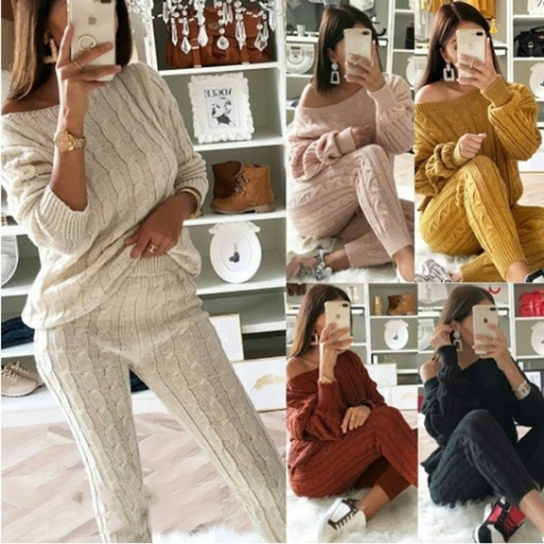 2020 Women's Fashion 2 Piece Set Jogging Suit Casual Knitted Pullover Tracksuit Warm Sweater Long Pants Sweatshirts Outfits