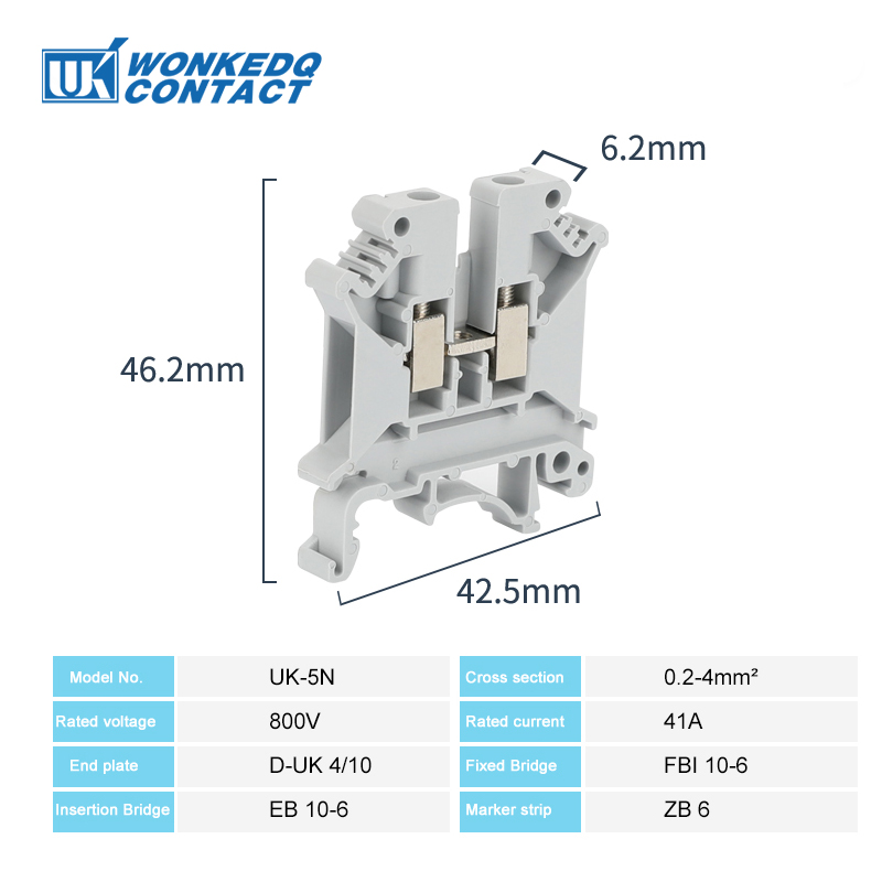 Din Rail Terminal Blocks for Panel Mount UK-5N Universal Class Connector Screw Contact Conductors UK5N terminal strips 100pcs