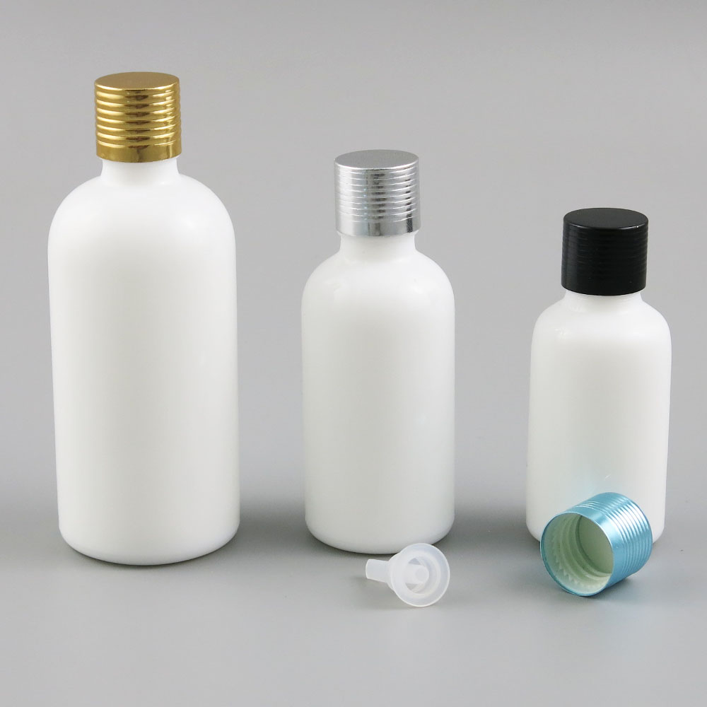 12 X New Design Refillable Natural White Glass Bottle With Gold Silver Black Cap 30ml 50ml 100ml 1OZ White Glass Containers