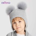 ENJOYFUR Fox Fur Pompom Kids Winter Hats For Girl Boy Warm Fleece Lined Children Knit bonnets New Autumn Cute Baby Ear Beanies