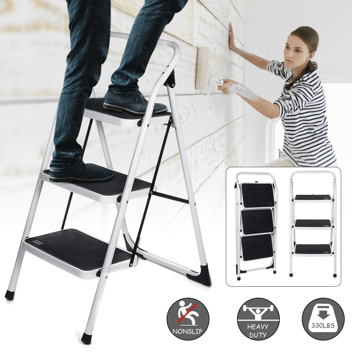 Foldable 3 Steps Ladder Iron Multi-functional Scaffold Platform Portable Step Stool Extension Ladder Tool 330LB/150KG Capacity