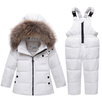 Children Fur Hooded Boy Girl Duck Down Ski Sets Warm Kids Snowsuit Winter Clothes Outerwear Coats Boy Girls Down Ski suit