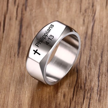 Ring For Men Stainless Steel Personalized ID Christian Cross Philippians 4:13 Regilious Man Blank Jewelry