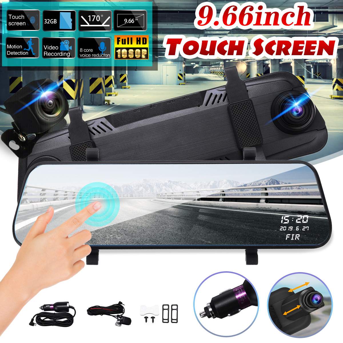 9.66" Dual Lens HD 1080P Car DVR Camera Dash Camera Dash Cam Video Recorder Auto Registrator Rear View Mirror Touch Screen