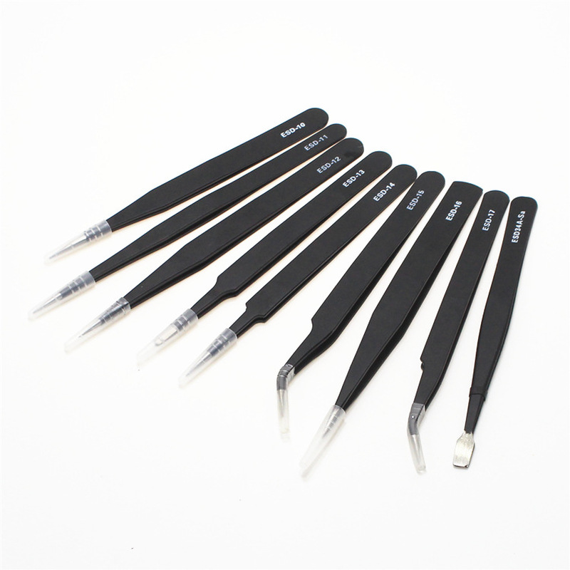 9-piece suit without flanges Stainless steel precision black ESD anti-static tweezers Tips Elbow disassemble tools Belt bag kit