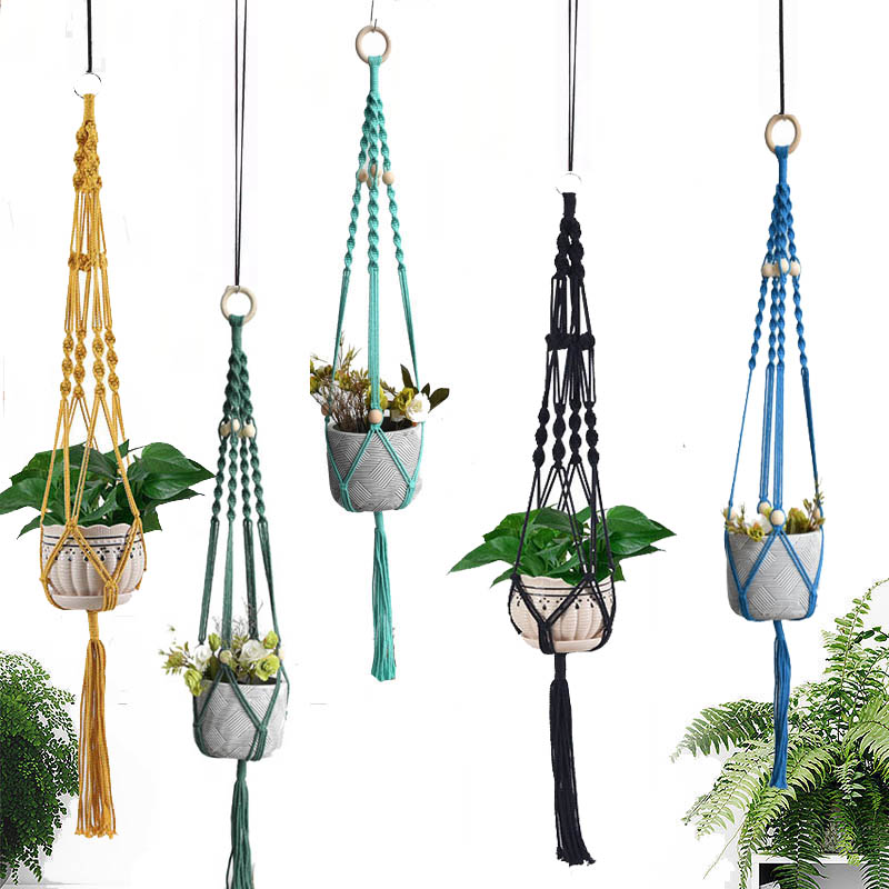 Hot sale colorful macrame plant hanger pot hanger pot tray plant tray yellow green gray black